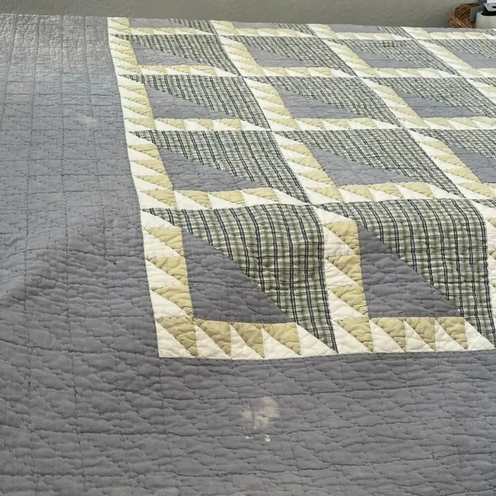 Vtg Smith & Johnson Cotton Patchwork Quilt Queen Gray Green Geometric Reversible